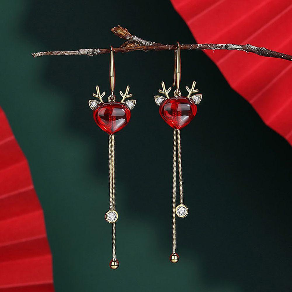 NEEDWAY Wanita Anting Perhiasan Fashion Eardrop Lonceng Pohon Natal Tanduk Rusa Zirkon Menjuntai Earrings