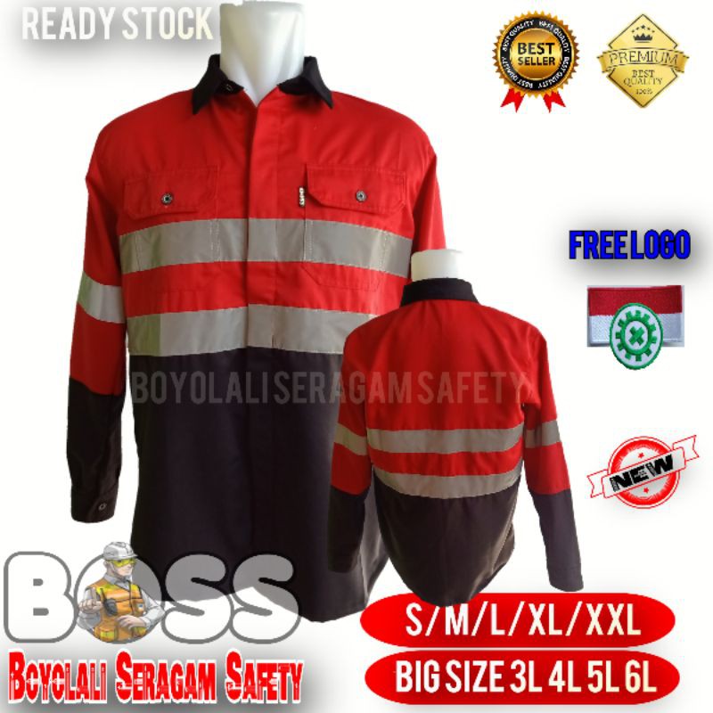 SERAGAM SAFETY KOMBINASI MERAH HITAM-BAJU SAFETY PROYEK-WEARPACK ATASAN FREE LOGO