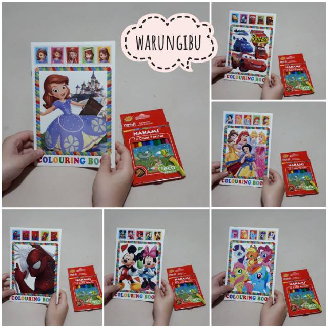 Paket Buku Mewarnai Kecil Karakter Kartun Anak Set Pensil Warna