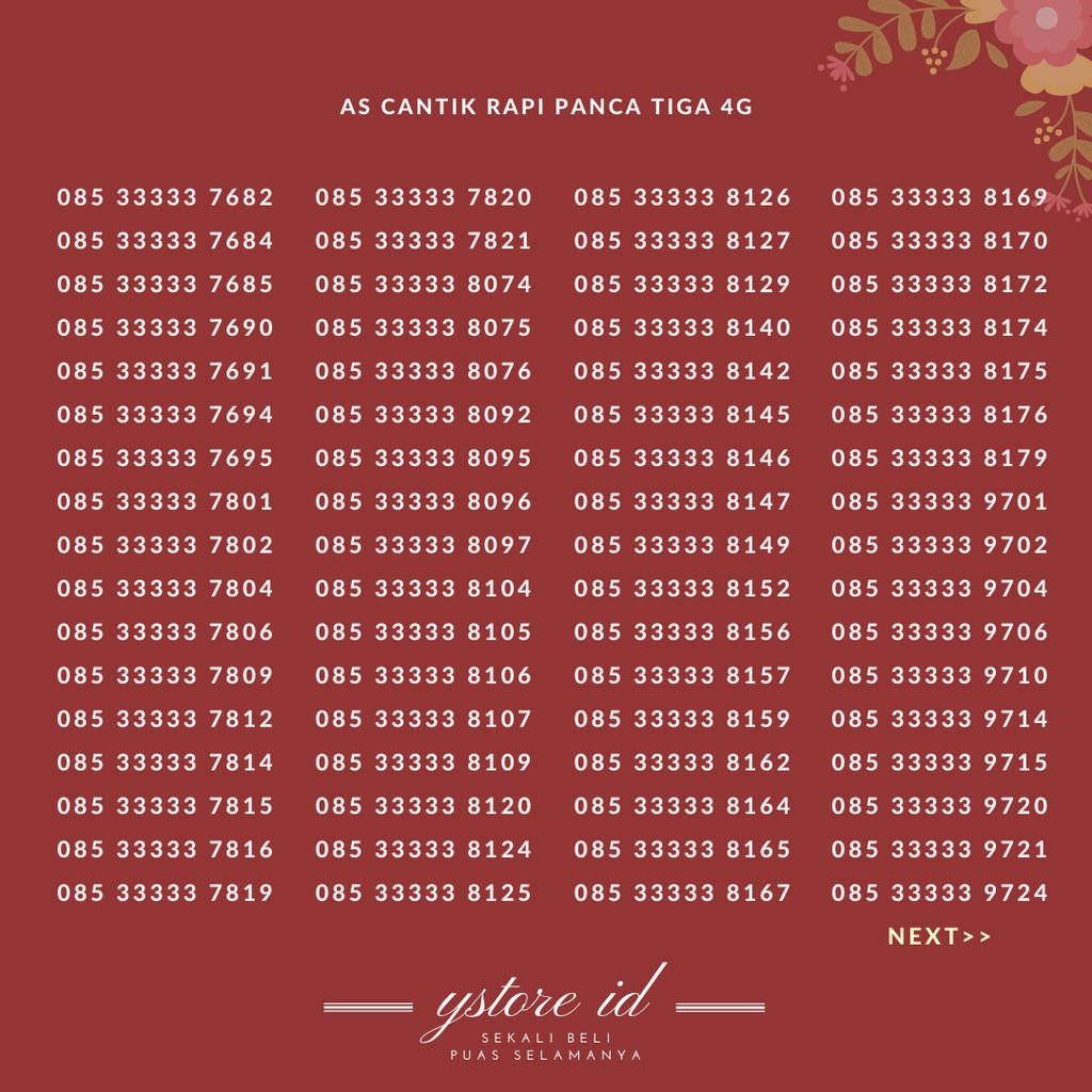 Panca Tiga | NOMOR CANTIK TELKOMSEL AS KARTU PERDANA 4G NOMER SERI 3333 33333