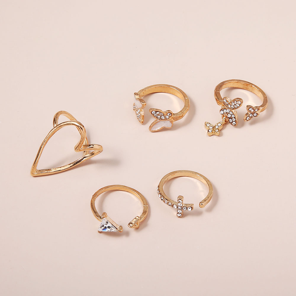 5Pcs/Set Fashion Simple Inlaid Zircon Butterfly Ring / Cross Triangle Love Fine Ring with Full Drilled Oil Set Ring