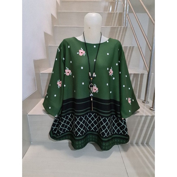 Blouse Scuba Premium Import Jumbo 2XL-3XL-Bunga Kecil - Hijau