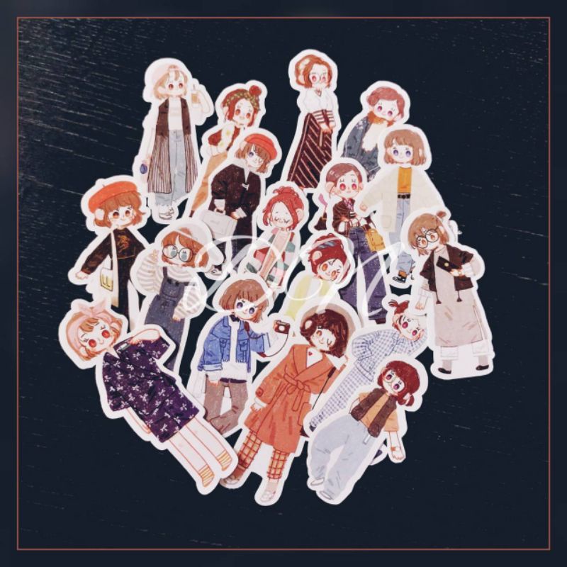 

17pcs stiker kertas glossy gambar OOTD girl chibi