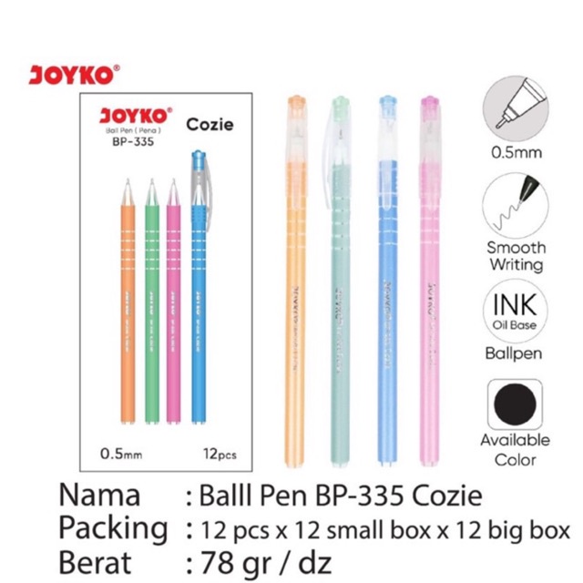 

( 12 pcs ) Ball Pen Cozie / Pulpen warna Pastel / Pena tinta warna hitam Joyko BP-335 isi 12 pcs