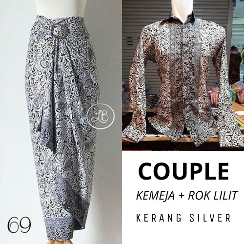 Setelan Batik Couple Set Kemeja Tangan Panjang dan Rok Lilit Silver