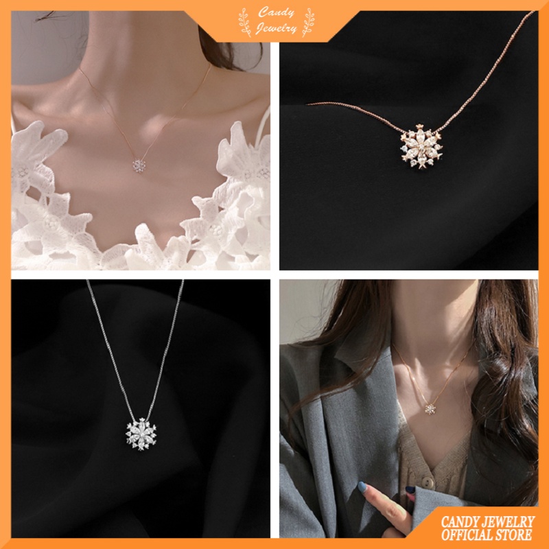 Kalung Rantai Sterling Silver 925 Rose Gold Hias Liontin Snowflake Glitter Untuk Wanita