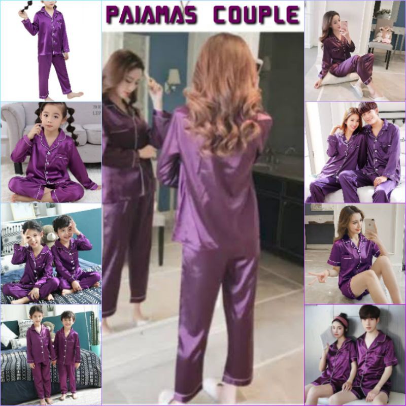 couple baju tidur lengan panjang piyama set celana setelan satin polos ungu tua pasangan keluarga