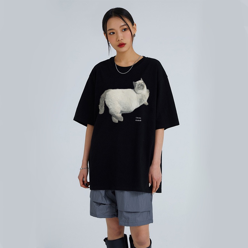 EUNII T-shirt Lengan Pendek Imut Kucing Pencetakan Longgar Korean Style/Kaos Atasan Wanita/Baju Kaus Oversize Wanita