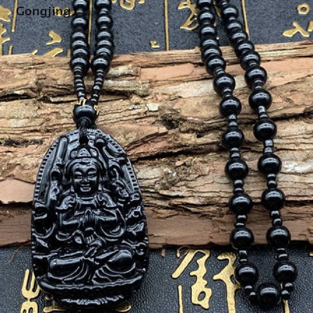 Gongjing1 1pc Kalung Jimat Keberuntungan Bahan Obsidian Hitam Desain Ukiran Budha Untuk Wanita