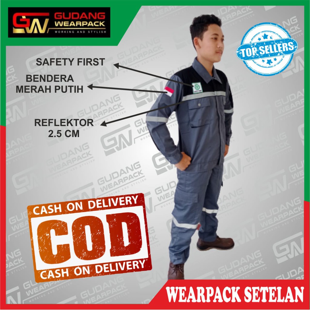 Star Wearpack -  Setelan Baju &amp; Celana Seragam Kerja Proyek Abu Kombinasi Hitam