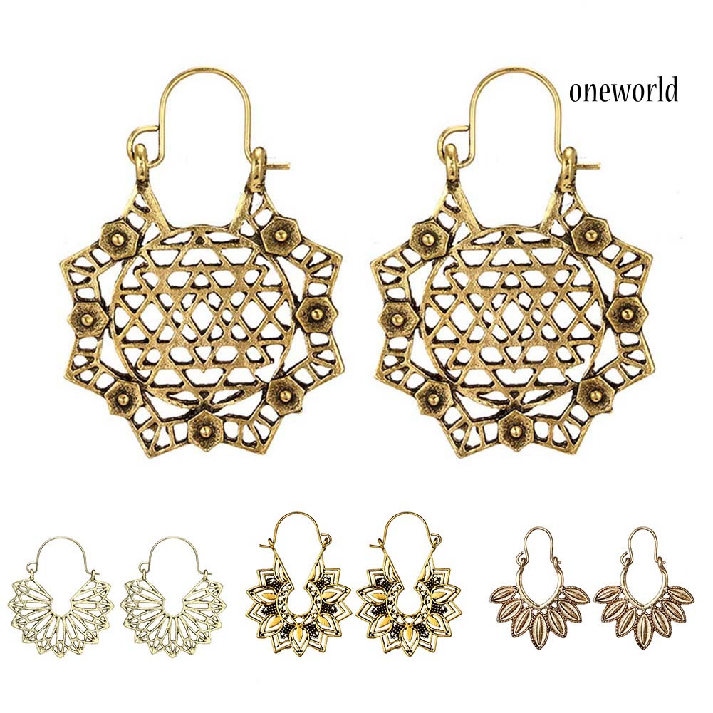 OW@ Bohemian Women Hollow Flower Honeycomb Filigree Hoop Earrings Retro Jewelry Gift