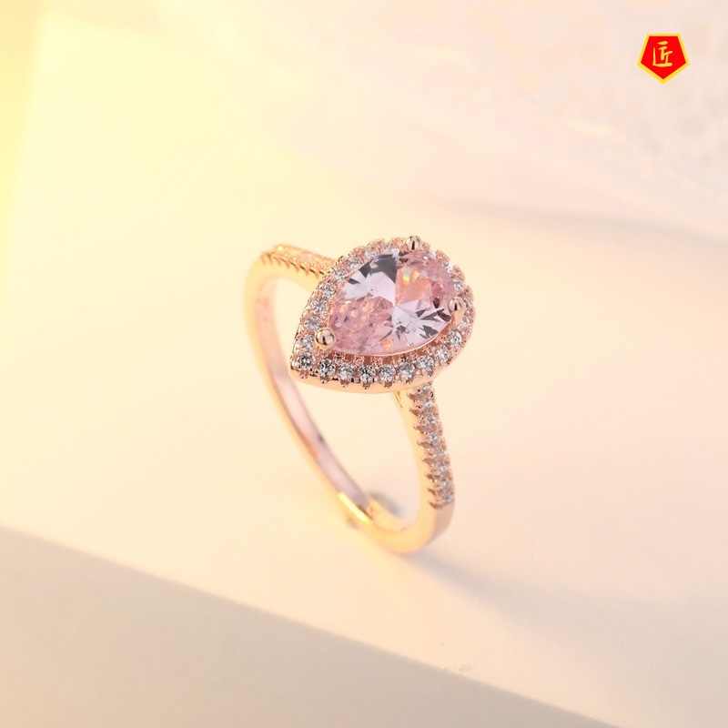 [Ready Stock]Women's Luxury Rose Gold Inlaid Pink Crystal Ring