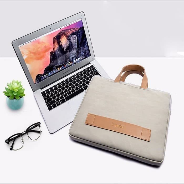 Tas Laptop Macbook J.QMEI PU leather with free pouch 13 14 inch - abu