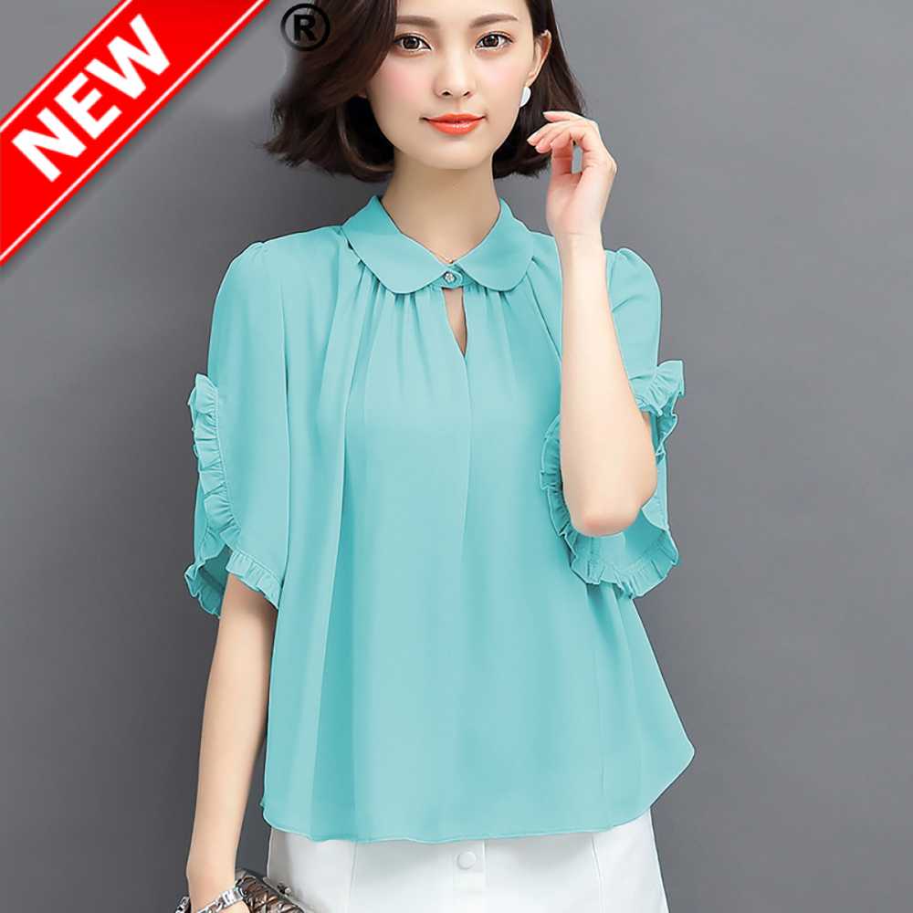 Blus Sifon Tangan Pendek Krah Kemeja Gaya Korea - Claudia