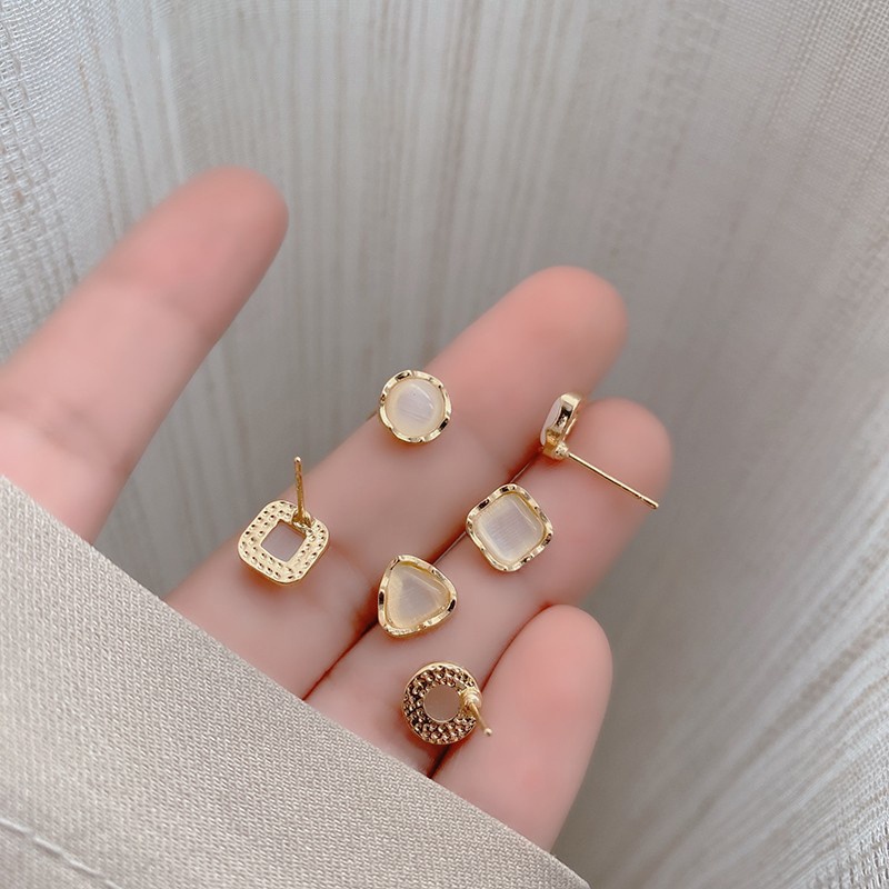 Set Anting Stud Opal Bentuk Persegi Bulat Segitiga Untuk Wanita