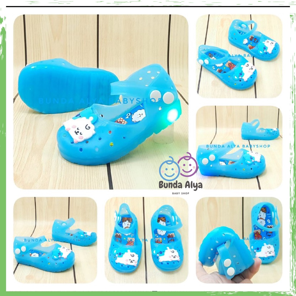 Sepatu Anak Perempuan Jelly LED Usia 6 Sampai 18 Bulan - Sepatu Sendal Anak Cewek Jelly Lampu Motif BIRU Sepatu Jelly Lentur Elastis Anti Licin Model Tali