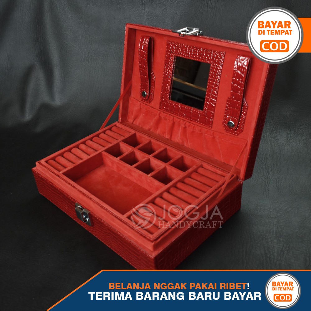 Exclusive Red Croco Jewelry Box / Tempat Perhiasan Lengkap Anting, Gelang, Kalung, Emas Antam