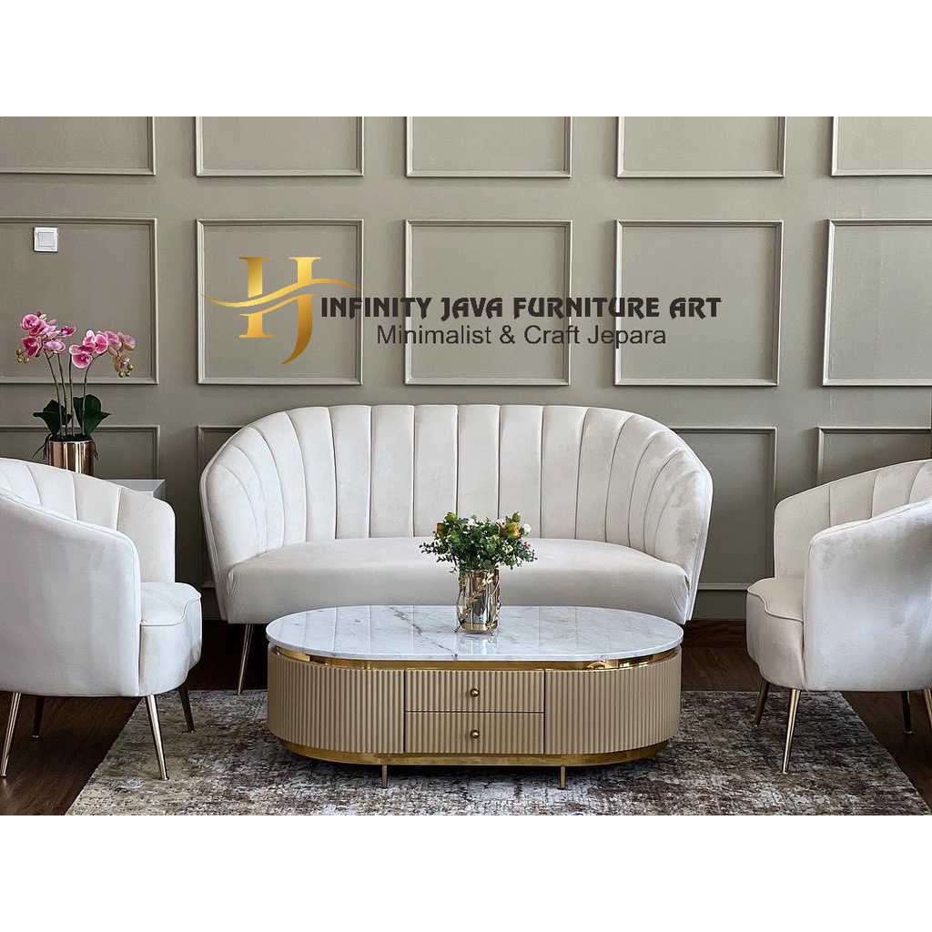 SET SOFA TAMU MOTIF KERANG SOFA TAMU NAGITA STAINLESS TOP MARMER