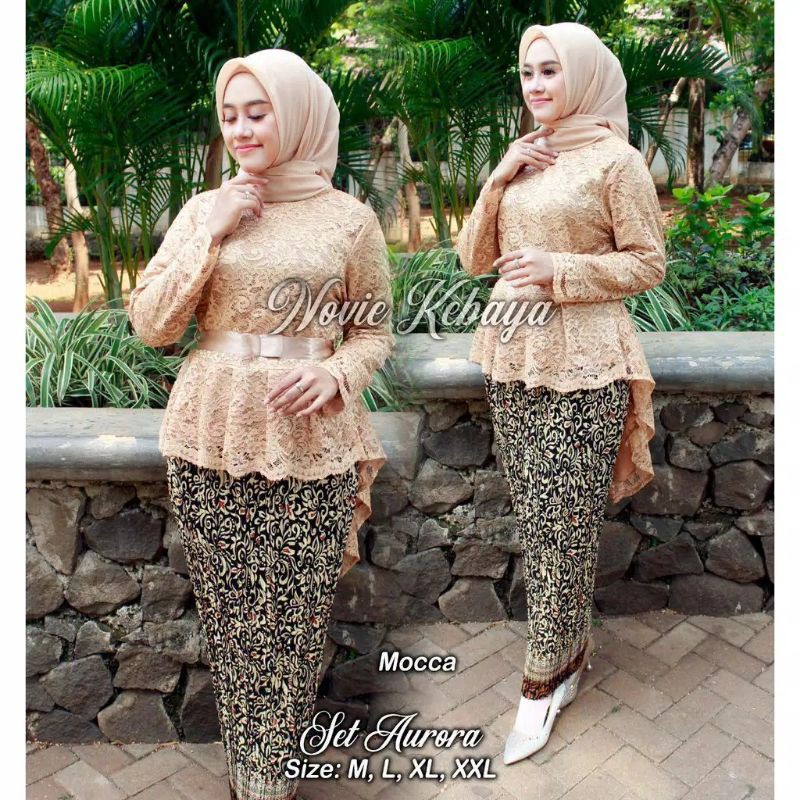 IndahKebaya | SETELAN KEBAYA AURORA BROKAT MIX ROK PLISKET TERLARIS / HIJAU / MOCCA COKSU / NAVY