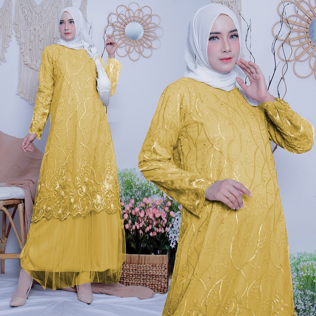 GAMIS BRUKAT TILE DEPAN - Aldine Baju Gamis Brukat Tile Remaja Dewasa Seragam Pesta Wanita Muslim - Allsize Jumbo Kain Tule Depan Saja