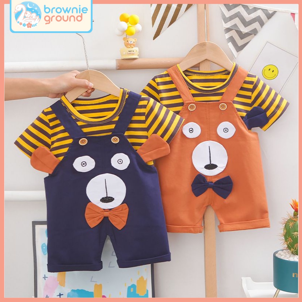 [COD] Baju anak motif BEAR GARIS KUNING navy &amp; brown IMPOR KOREA / Jumpsuit anak setelan anak playsuit anak lucu impor/Usia 0-4 Tahun/Brownieground