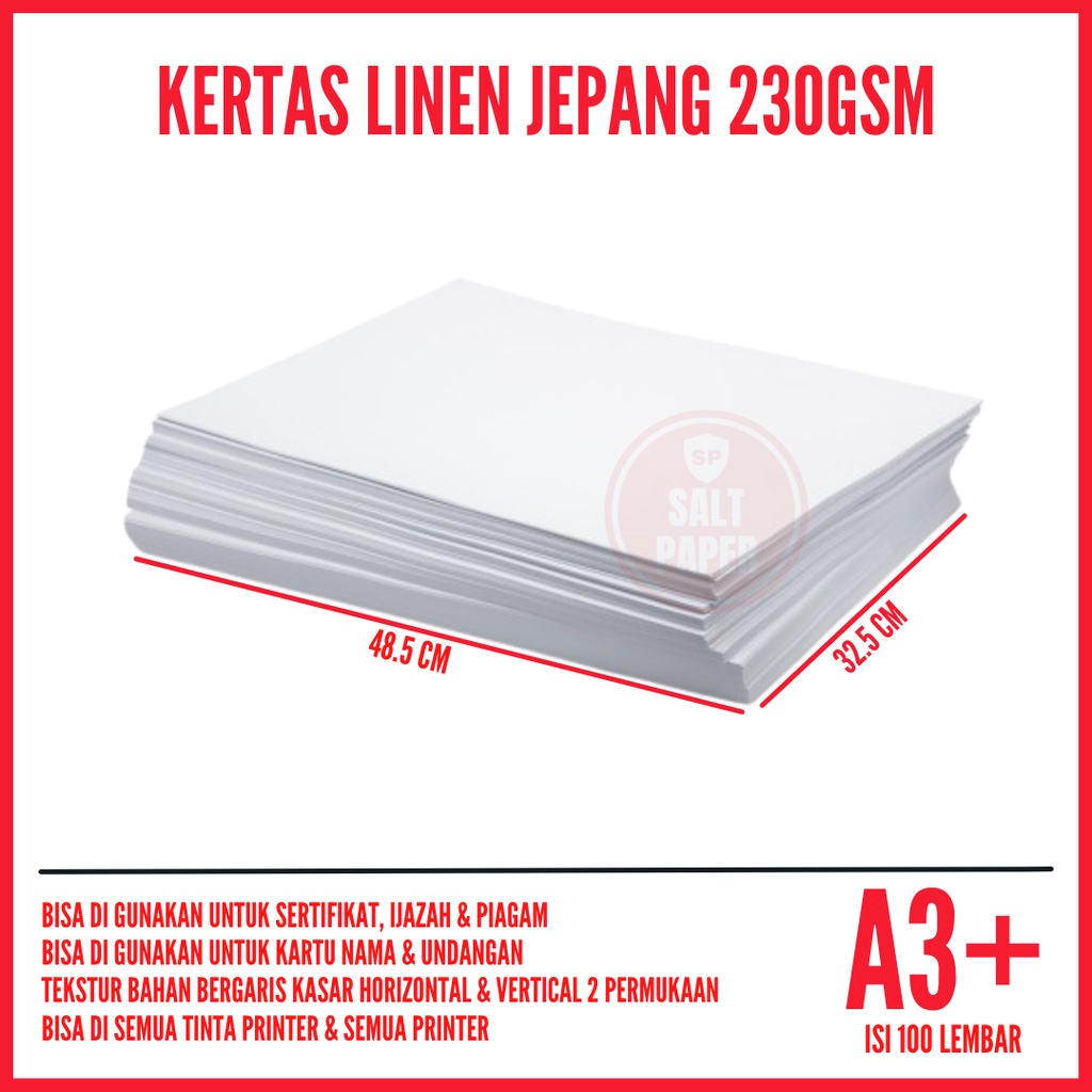 

Kertas Linen A3 Plus 230 gsm isi 100 lembar / Kertas Linen Jepang A3 Plus / Kertas A3 Plus Linen Jepang