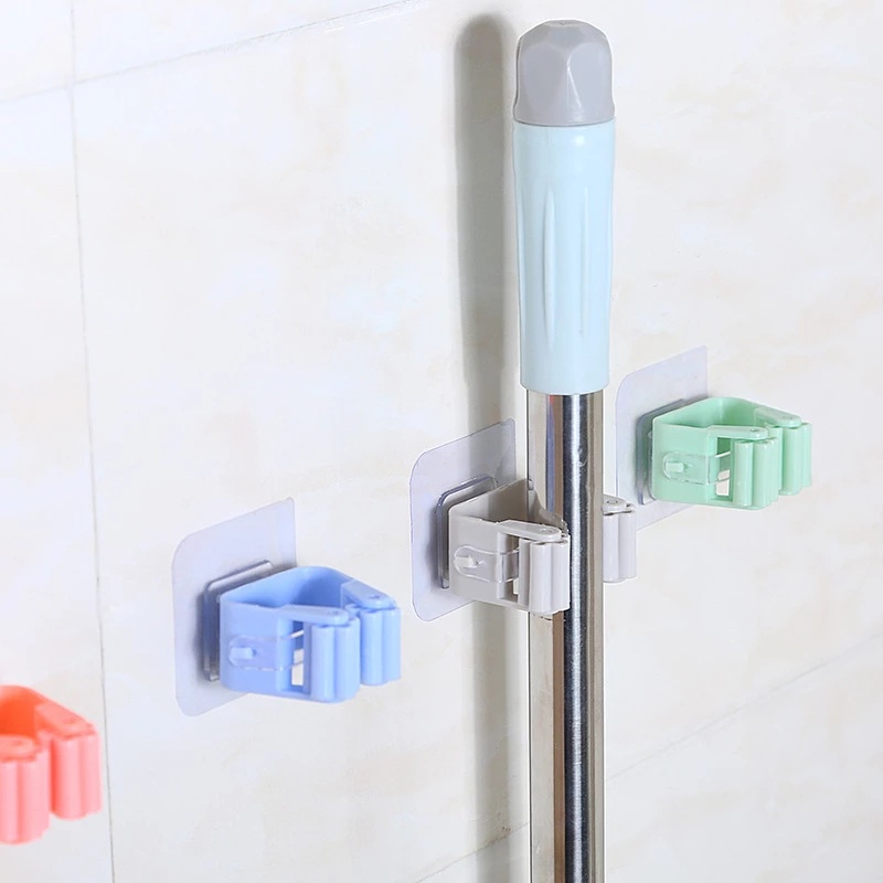 [Wall Mounted Mop Organizer Holder ][Bathroom Self Adhesive Wall Sticker Floor Mop Clip ][Nail-Free Space Saving Mop Storage Rack][ Multifunctional Organizer Shelf]