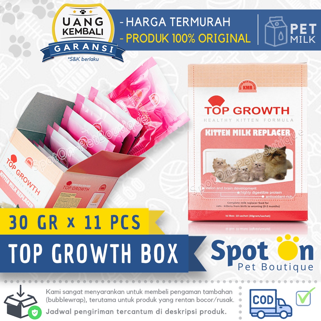 Susu Kitten Top Growth 1 Box (11 Pcs) | Susu Anak Kucing 1 Dus 30 gr Milk Replacer | Babycat Murah Growssy