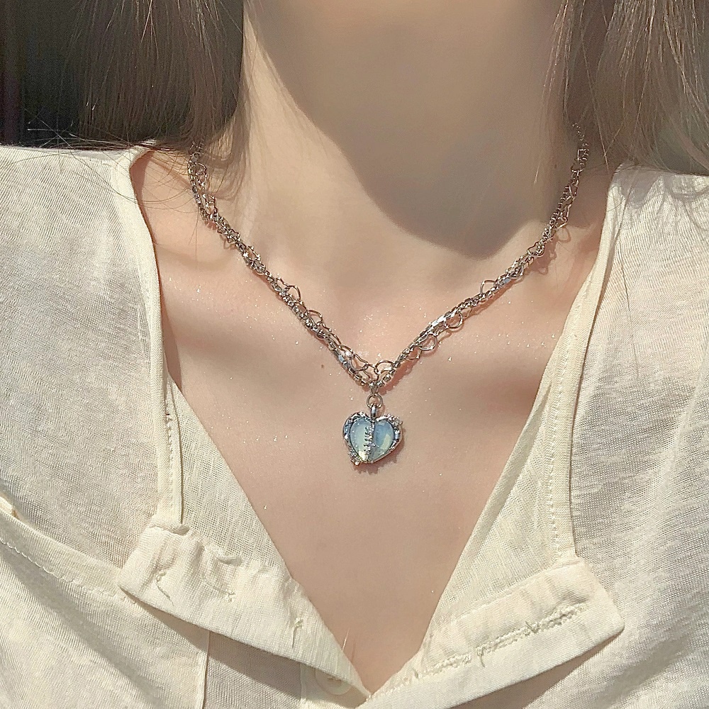 Kalung Rantai Choker Liontin Hati Mutiara Ganda Warna Silver Untuk Aksesoris Perhiasan Wanita