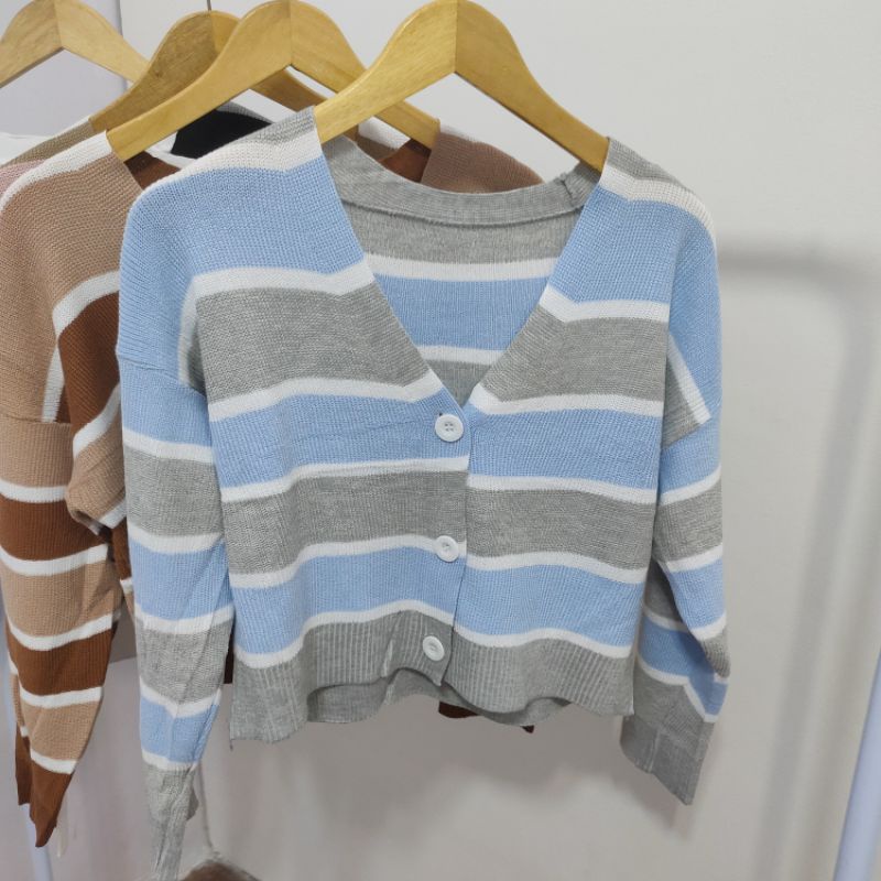 【IMPORT PREMIUM】leher v-neck Stripe Knit Cardigan Lengan Panjang Korean Style Import BKK kardigan oter cewek rajut-Biru