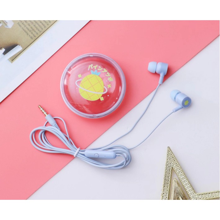 [XY-38] Set Headset Earphone Motif BUAH-BUAHAN Lucu / Wadah Earphone Transparan Bulat Kartun Fruits