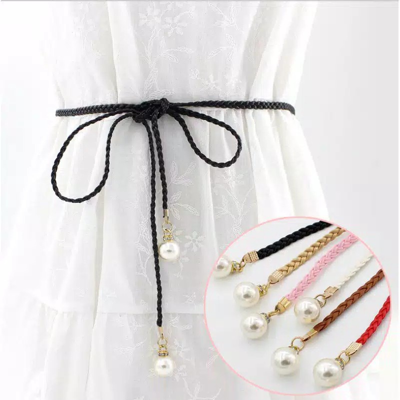 Ikat Pinggang Tali Kepang Mutiara & Daun Viral Gesper Lucu Cantik Fashion Terlaris Gordyn Gorden Jen