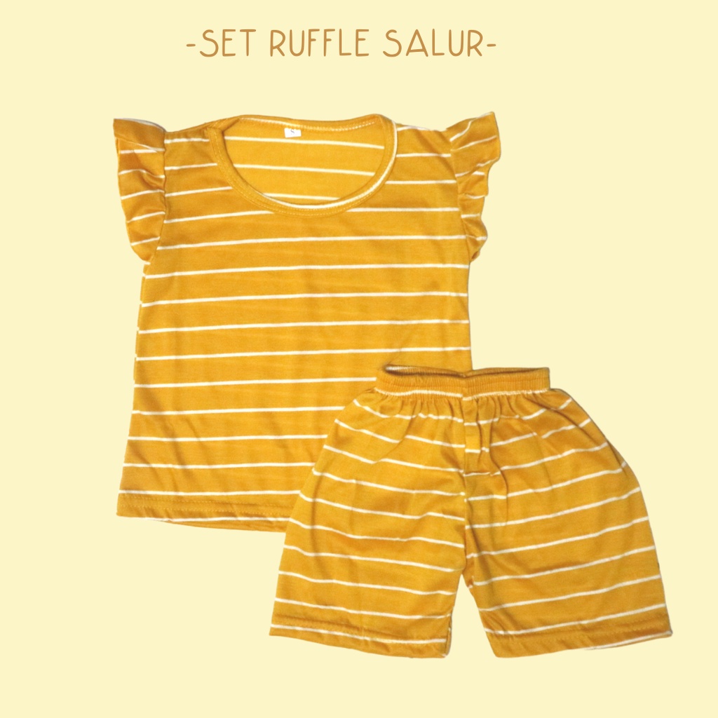 BabynKids - Setelan Anak Perempuan / Setelan Anak Ruffle Set / Set Salur Ruffle Anak / Setelan Anak Harian/ ruffle salur warna