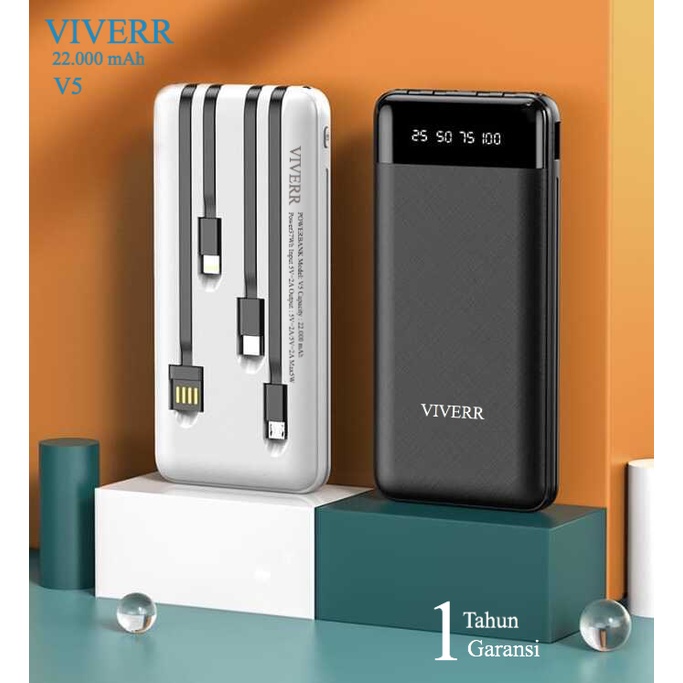 Powerbank VIVERR V5 original Kapasitas 22.000 mAh Output 3 Kabel ( iphone, TypeC,Micro ) universal buat semua gadget garansi 1 Tahun.