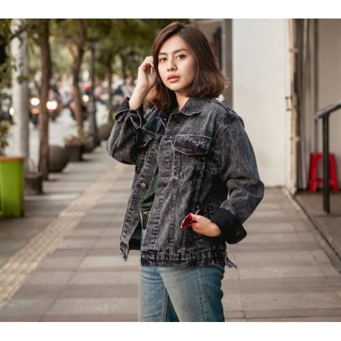 Jaket Jeans Premium Wanita Sandwash Maroon - Saku Dalam