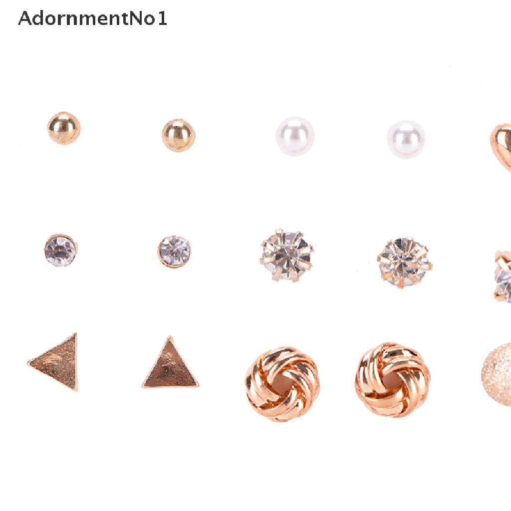 [AdornmentNo1] 12 Pairs Women Pearl Crystal Heart Stud Triangle Earring Set Jewelry New Fashion [new]