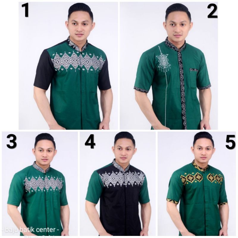 " Ready Stock " Hem Koko Hijau Botol Kombinasi Batik Prada Bordir Baju Koko Pendek Batik Prodo Hijau