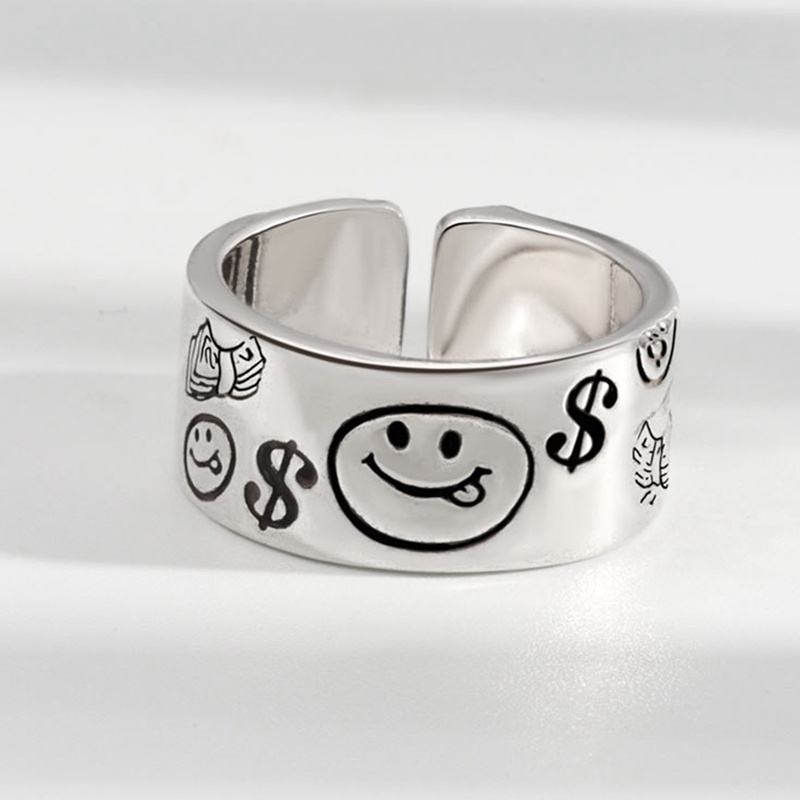 Perhiasan Cincin Sterling Silver 925 Wanita Adjustable Desain Bintang Smiley Face Vintage