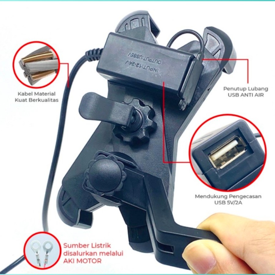 HMT-01 Holder HP Stang Spion Motor Charger USB phone holder Motor Usb Universal bisa charge