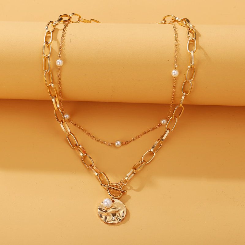IFYOU Korean Retro Fashion Bohemian Gold Necklace Personality Lock Butterfly Pearl Pendant Multilayer Chain Choker Jewelry Accessories Gift