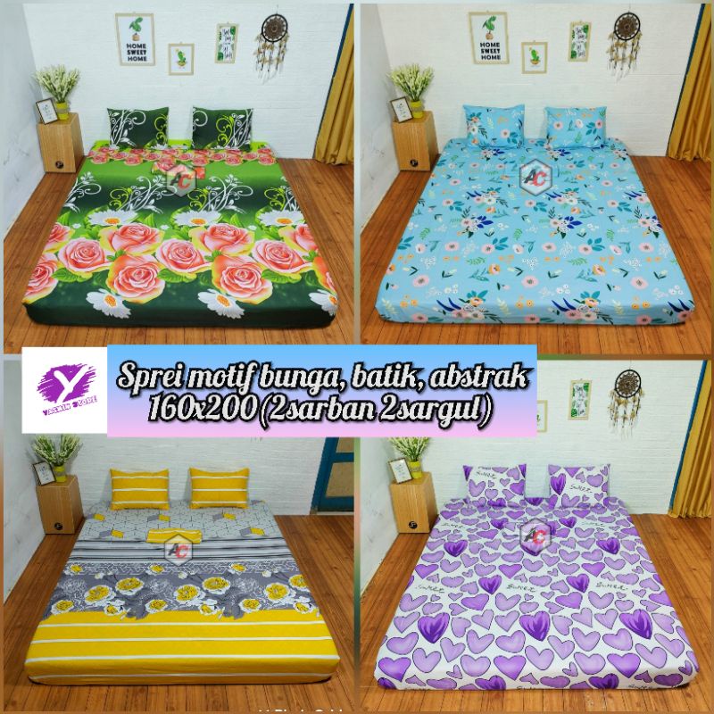 SPREI 160X200 QUEEN BED KASUR NOMOR 2 MOTIF BUNGA AKASIA ROSE TULIP BATIK COKLAT BIRU HIJAU MERAH AB