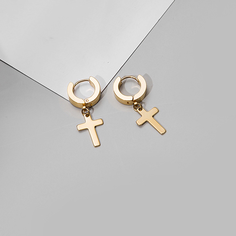 Anting Salib Bahan Stainless Steel Gaya Gothic Punk Rock Warna Emas Hitam Silver Untuk Pria Dan Wanita