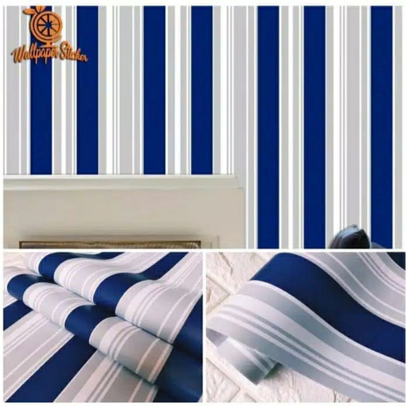 Wallpaper Dinding Motif Garis Salur Biru Ukuran Panjang 10Meter x Lebar 45CM