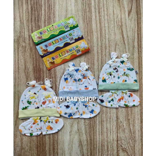 1 Set Topi dan Sarung Tangan Kaki Bayi Motif Lucu Bolo Bolo SNI