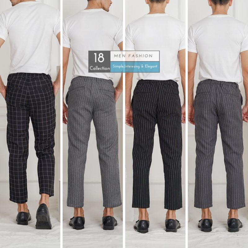 [Best Seller] Men Trousers Stripe &amp; Plain Celana Bahan Kantoran Motif Garis &amp; Polos