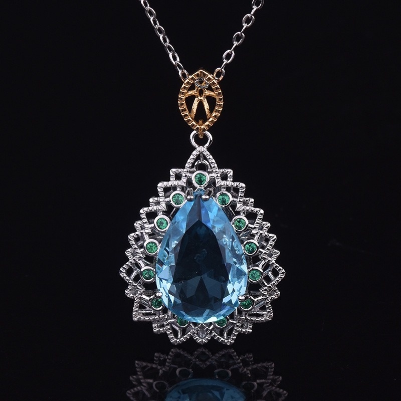 [Ready Stock]Fashion Inlaid Sapphire Pendant Water Drop Pear-Shaped Necklace