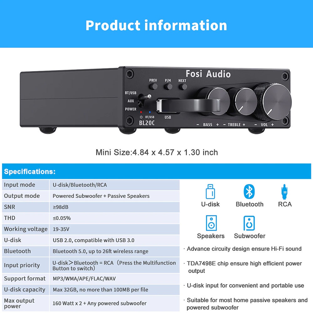 Fosi Audio Bluetooth 5.0 Amplifier 2.1 Channel Amp Receiver Class D 2x160W for Passive Speaker - BL20C - Black