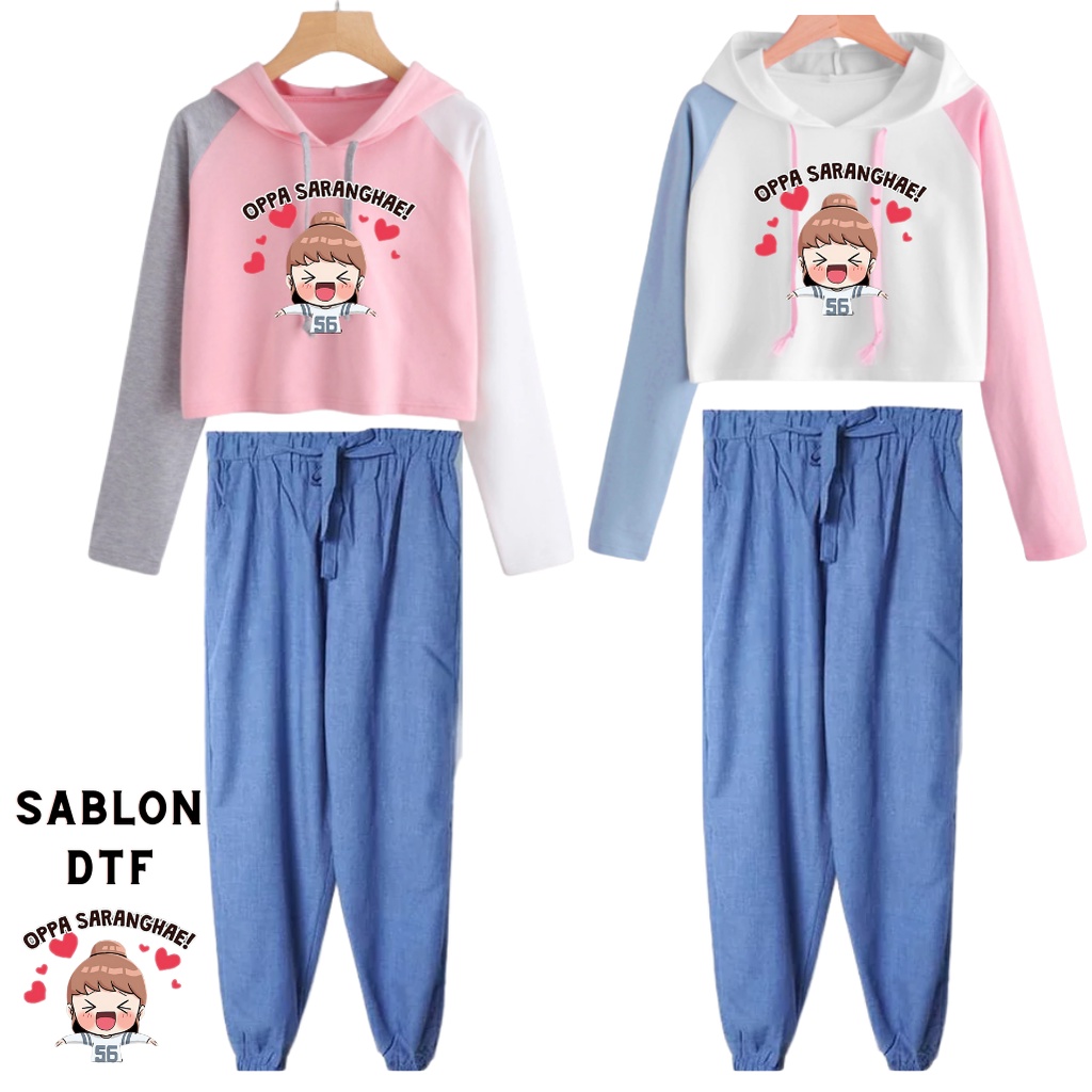 JBF Baju 1 Set Setelan Wanita Remeja Sweater Hoodie Crop Hoodie Saranghae Dan Celana Denim