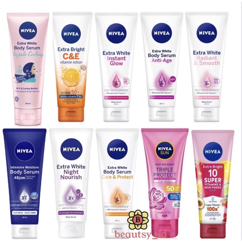 Nivea Body Serum Extra White 180 ml -  Care Protect Intensive Moisture C &amp; E Hijab Cooling Instant Glow Super Vitamin Triple Protection Hokkaido C&amp;E Night Nourish Anti Age - Lotion Bright