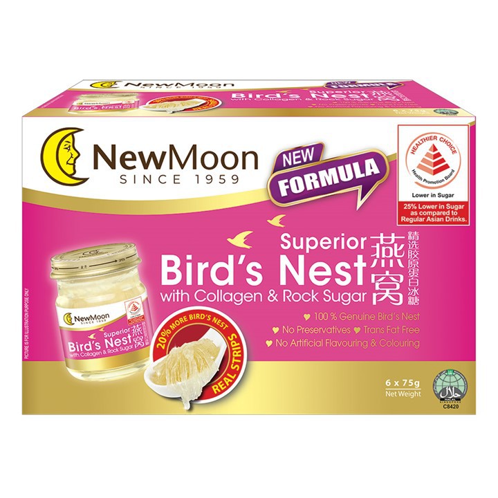 

New Moon Sarang Burung Kualitas Super dengan Kolagen & Gula Batu [Lebih Sedikit Gula] 6x75g